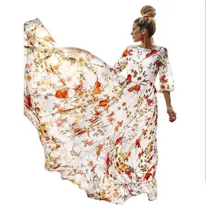 가을 패션 꽃 무늬 프린트 큰 밑단 슬림 핏 캐주얼 쉬폰 드레스 도매 중간 소매 O 넥 롱 맥시 드레스