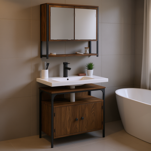 Conjunto de Muebles de Baño en Roble Ahumado, Mueble Moderno con Espejo, Lavabo de Cerámica, Rectangular, Acabado Oscuro - Product Image 2