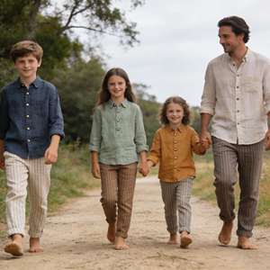 Ensemble de chemises en lin assorties pour la famille, en coton et lin écologiques, OEM ODM, hommes, femmes et enfants, couleurs naturelles, chemises boutonnées décontractées - Product Image 2