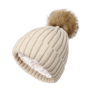 Custom Label Silk Satin Lined Lining Inside Ribbed Embroidered Knitted <strong>Beanie</strong> Hat With <strong>Pom</strong> <strong>Pom</strong> Winter Knitted Hats <strong>Beanie</strong> Hat - Product Image 1