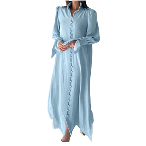 Vestido Largo de Gasa Azul Claro para Mujer, Manga Larga, Cuello Camisero, Botones al Frente, Corte Holgado, Dobladillo Asimétrico, Color Sólido - Product Image 1
