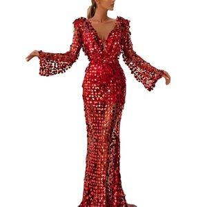 Abito da sera elegante rosso con paillettes <span class=keywords><strong>Istanbul</strong></span>, a maniche lunghe, scollo a V sexy, vita naturale, lunghezza al pavimento, per feste estive - Product Image 1