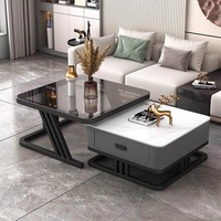 Table basse moderne de style nordique 2026, luxe léger, avec rangement rétractable, structure métallique et plateau en verre trempé, mobilier de salon