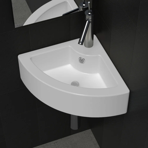Vasque de salle de bain en céramique triangulaire murale moderne blanche personnalisée, lavabo à trou unique, facile à nettoyer, petite taille, coin lavabo - Product Image 1