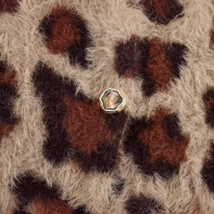 Women's Leopard Print Knitted <b>Cardigan</b> Short Round Neck Loose Fit Anti-Pilling Winter Sweater - Product Image 4