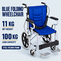 Kursi Roda Lipat Manual Biru, Berat Bersih 11 kg, Kapasitas 100 kg, dan Rangka Baja Ringkas untuk Pengadaan Rumah Sakit