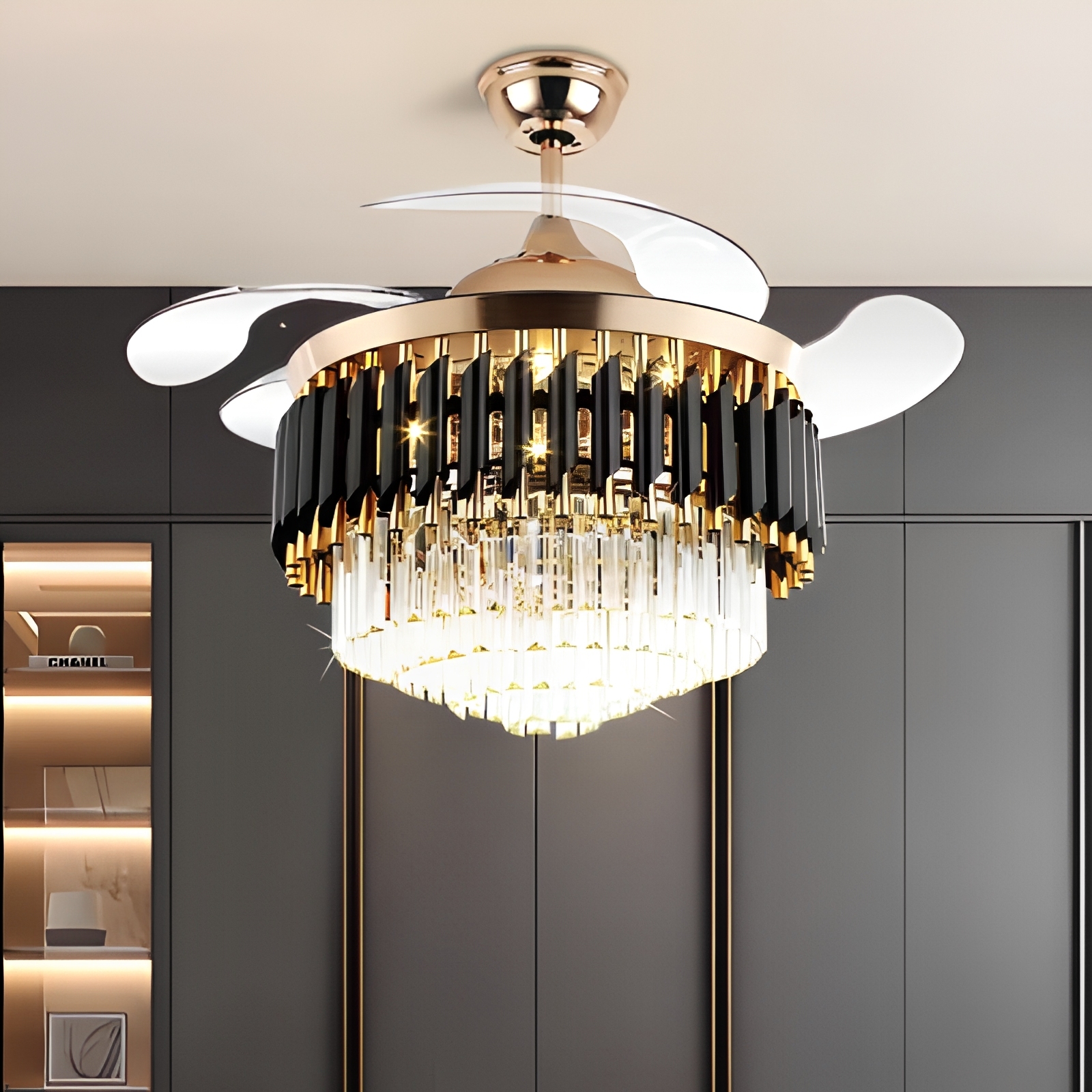 Light Luxury Frequency Conversion Fan Light with LED Lamp Wick & Crystal, Ceiling Pendant Fan Light for Living Room