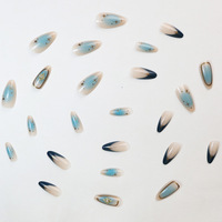 Faux ongles en amande bleus à bout français brillant, motif étoile nude, en ABS, fabriqués à la machine, 24 pièces pour femmes