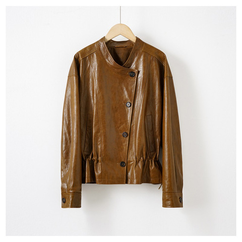 5209 Autumn and Winter Cold Jade Oil Wax Leather Drawstring Waist Cinching Casual Jacket Coat for Women