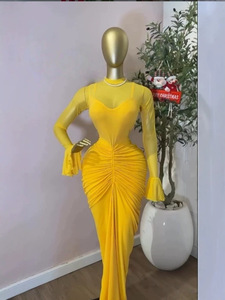 Abito lungo <span class=keywords><strong>da</strong></span> <span class=keywords><strong>sera</strong></span> a sirena <span class=keywords><strong>da</strong></span> donna con pannelli in mesh, collo alto, maniche lunghe e drappeggio, vestito aderente, abbigliamento femminile Sehe Fashion - Product Image 3