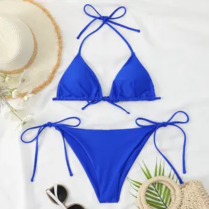 STOCK 9Colors Padding Ties Details Triangle Top Basic Bikini Set Double Lined Fabric Seamless Swimwear