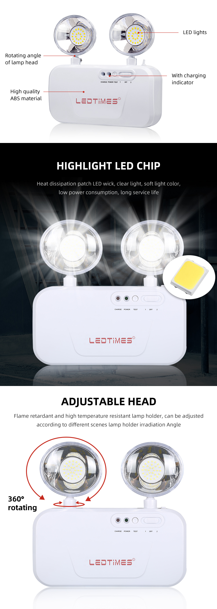 High Effciency Indoor Corridor Office Dual Heads ABS COB 5W Rechargeable Led Emergency Light