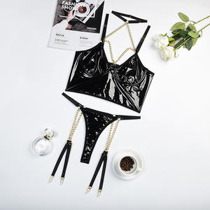 ชุดชั้นในเซ็กซี่แฟชั่นใหม่สำหรับผู้หญิง วัสดุ PU สีดำ ชุดชั้นในแบบมีสายโซ่ ชุดชั้นใน 2 ชิ้น บราและกางเกงใน - Product Image 6