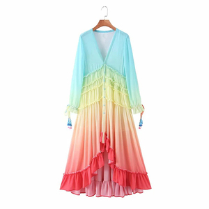Trong kho Bohemian Đế Chế vòng eo Maxi Dress sàn Chiều dài Gradient voan đầy đủ tay áo GIẢM MẠNH v-cổ tầng Ruffle dệt - Product Image 5