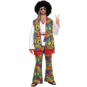 Yetişkin adam Retro 60s 70s hippi kostüm karnaval parti Bar gece kulübü disko hippiler Cosplay süslü elbise takım