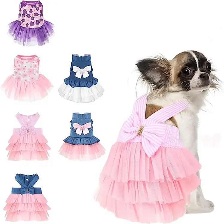 Lovely cheap spring girl dog ruffle party dresses summer dog dress luxury pet clothes