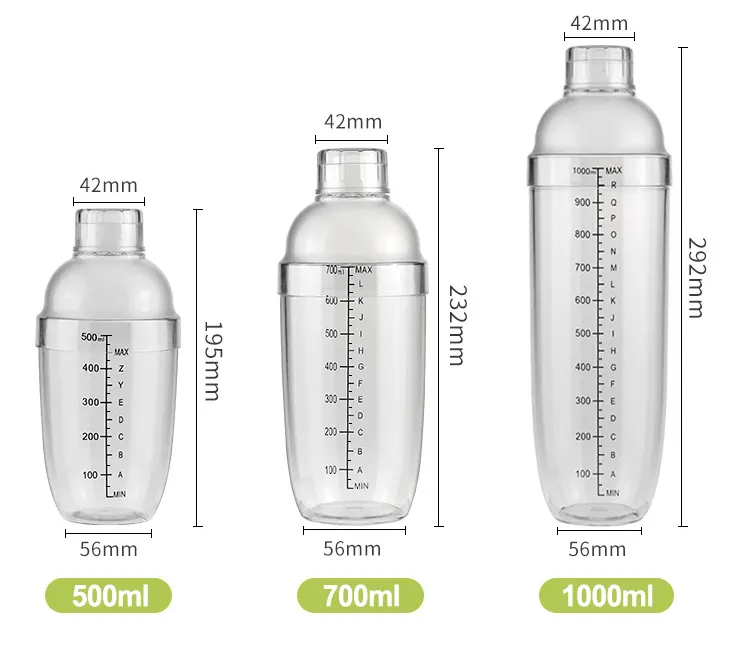 Amazon 350ml 700ml 1000ml noir Laser échelle tasse transparente résine plastique mélangeur PC Shaker à vendre Cocktail Shker