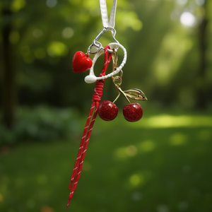 Portachiavi con ciondolo a forma di ciliegia rossa con cuore e foglie per borsa o chiavi - Product Image 2