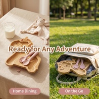 Ensemble d'assiettes d'alimentation en bambou naturel en forme de licorne, design divisé, plateau anti-déversement avec ventouse, cuillère et fourchette en silicone de qualité alimentaire