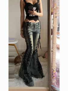 Jeans a Zampa d'Elefante Sexy da Donna <span class=keywords><strong>con</strong></span> Lacci, Eleganti <span class=keywords><strong>Pantaloni</strong></span> in Denim Nero <span class=keywords><strong>con</strong></span> Inserti in Pizzo, Chic Gotico <span class=keywords><strong>con</strong></span> <span class=keywords><strong>Spacchi</strong></span> <span class=keywords><strong>Laterali</strong></span>, Stile Y2K Grunge - Product Image 2