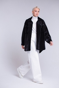Manteau de vison personnalisé à cheveux courts décontracté hiver automne simple boutonnage col de costume manteau de fourrure de vison noir conception de chemise - Product Image 4