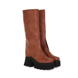 Women's Autumn Winter Knee-High Boots with Muffin Thick Bottom High Heel Western Style Knight Chimney Zip Closure High Boots - Product Image 4