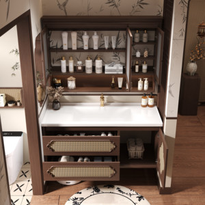Meuble de salle de bain intelligent moderne et innovant en bois massif avec lavabo intégré en céramique peinte - Product Image 6