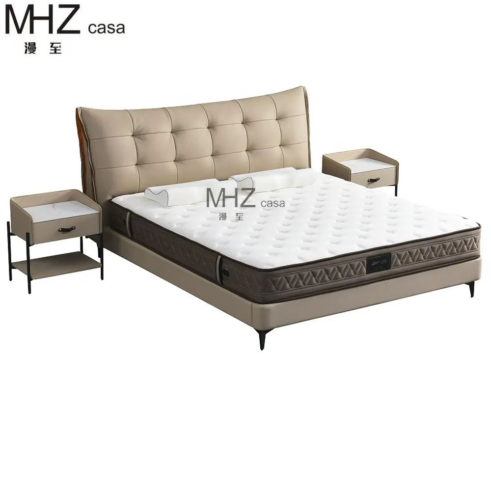 MHZ casa Imagen Personalizable Diseño moderno Cama tapizada de cuero Cama con marco de madera doble para el hogar