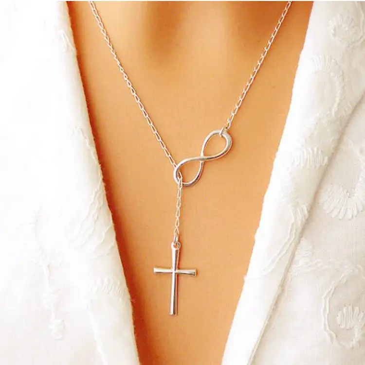Hot New fashion Lucky Number 8 Infinity Necklace Choker Pendant Long Silver Necklace Chain cross necklace