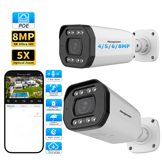 Hongnaer 4/5/6/8MP Two Way Audio POE Outdoor 5X Optical Zoom Wireless Bullet Camera XMEye Pro ICSee Security IP CCTV POE Camera