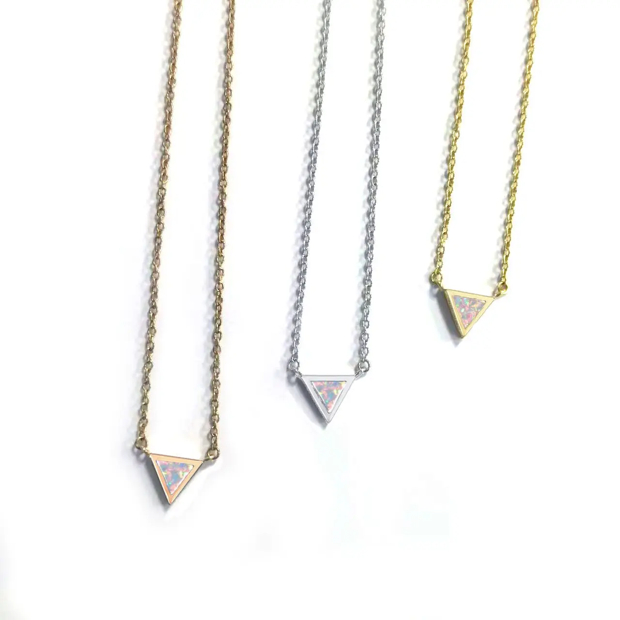 Nufrench fransız tarzı Trendy altın gümüş paslanmaz çelik Charm takı Minimalist zarif Opal kakma üçgen gerdanlık kolye