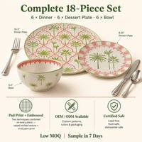Service de table en porcelaine 18 pièces motif palmier tressé, assiettes et bols en céramique avec impression 3D en relief effet panier tressé