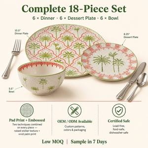 Service de table en porcelaine 18 pièces motif palmier tressé, <span class=keywords><strong>assiettes</strong></span> et bols en céramique avec impression 3D en relief effet panier tressé - Product Image 6