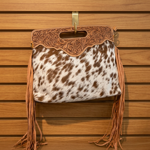 Bolso Bohemio de Cuero Vacuno con Borlas, Patrón de Caramelos Bordado, Asa Superior, Cierre Impermeable con Botón, para Uso Diario - Product Image 1
