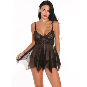 Nuisette Sexy en Dentelle Florale Demi Slips Chemise Vêtements de Nuit avec Décoration Évidée Combinaisons Sensuelles pour Femmes