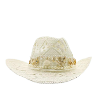 Chapeau de cowboy blanc creux imitation paille en gros |   Chapeaux de festival Panama personnalisés pour adultes, avec des motifs de coquillages, d'étoiles de mer et de soleil