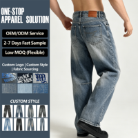 Jeans coupe large pour homme, bleu, denim délavé vintage, jambe ample, coutures apparentes, genoux délavés, pantalon décontracté, OEM, personnalisé, vente en gros, en vrac