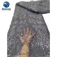 Bestway manik-manik kain renda bordir renda jaring oranye dengan payet kain renda jaring Afrika untuk wanita