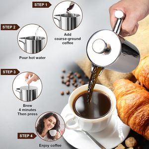 Vente chaude 800ml Percolateurs d'infusion à froid Cafetière isolée à double paroi Pot Argent 304 Acier inoxydable Café Presse française - Product Image 3