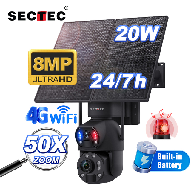 SECTEC Wifi/4G Security Camera 8MP 50x Zoom 20W Solar Powered Battery Red Blue Alarm Floodlight PTZ Outdoor Camera Night Vision