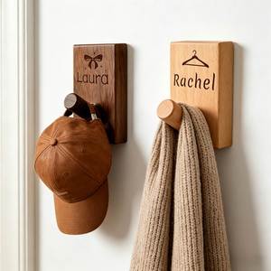 Custom Solid Walnut & Beech Wood Wall Hooks, Personalized Engraved Name <b>Coat</b> <b>Pegs</b>, Wooden Entryway Organizer - Product Image 2