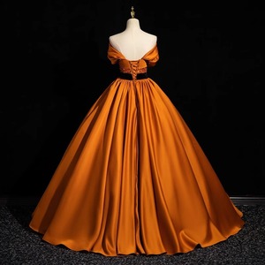 Orange Satin Off Shoulder Tutu Dress Long Skirt Stage Performance Women Adult Evening Gown Solid Color With Label - Product Image 4
