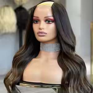 Perruques V-Part en cheveux humains 100% naturels, brun avec mèches, pour femmes noires, sans colle, 28 pouces de long, ondulées, style Body Wave - Product Image 3