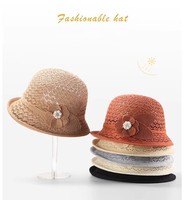 Sombrero de Verano Casual para Mujer, de Poliéster, Estilo Cloche, con Apliques Florales Elegantes, Decoración de Perlas y Diamantes de Imitación, Sombrero de Sol Tipo Bucket