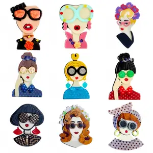 Mode Hadiah Perhiasan Pesta Lucu Kacamata Gadis Lencana Kerah Pin Kustom Kartun Indah Gambar Akrilik Bros untuk Wanita Anak-anak