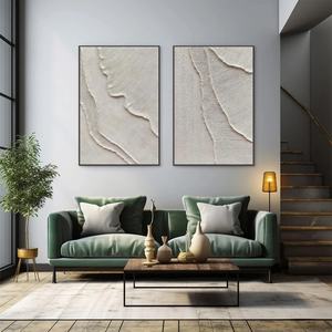 Peinture à l'huile et acrylique abstraite minimaliste texturée gravée sur pierre, diptyque, grande taille, neutre, pour décoration murale d'hôtel et de maison - Product Image 1