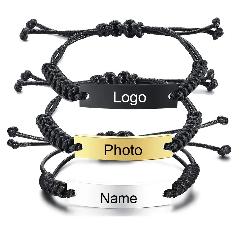 AJL Bracelets réglables en corde tressée faite à la main pour enfants en acier inoxydable ID Bar Nom Logo Bracelet Non ternir Bijoux sûrs