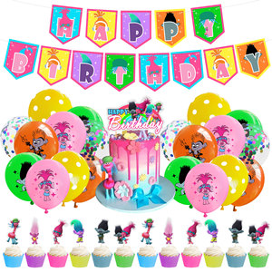 Set Completo Di Decorazioni Trolls Per Compleanno: Palloncini, Striscione E Cake Topper. Tema Festa Bimbi. - 2