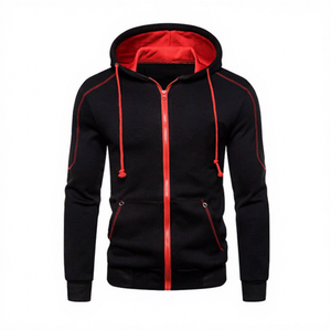 Sweat à capuche zippé pour homme, coupe ajustée, décontracté, pour l'automne, noir avec bordure rouge, tricoté, manches longues, avec poches - Product Image 1