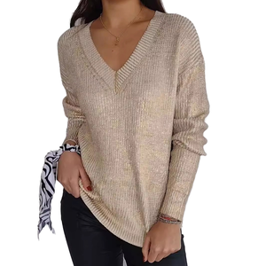 Custom <strong>Womens</strong> Lightweight v Neck Sweater Long Sleeve Metallic Shimmer V Neckline Sweater V Neck Metallic Sweaters - Product Image 1
